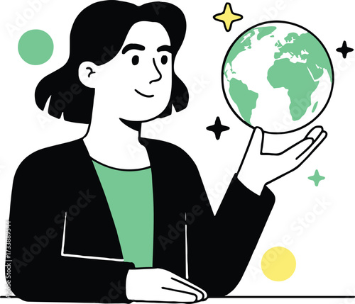 Vector art of a woman is holding a globe, symbolizing global awareness and environmental responsibility, showcasing a sustainable future