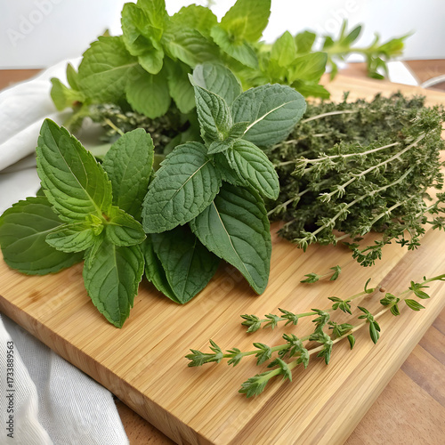 A collection of fresh herbs mint basil oregano thyme