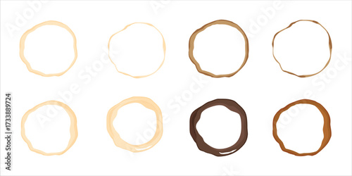 Set of round coffee stains. Collection of cup rings, tea stains, beverage marks, coffee splashes, drink traces, grunge circles