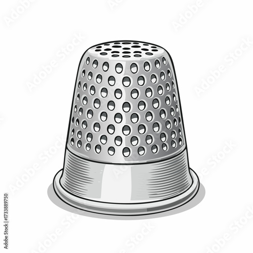 A detailed illustration of a classic metal thimble with numerous small perforations.