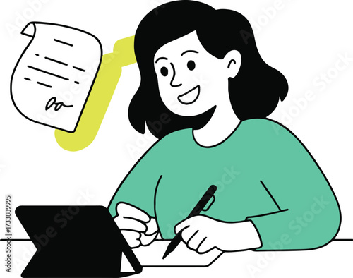 Vector art of a woman is signing a contract on a tablet, she is smiling and looking at the document the document is floating in the air