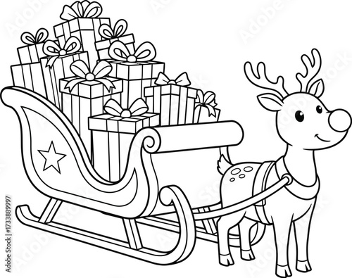 A delightful black and white cartoon of a reindeer pulling a sleigh overflowing with christmas presents, ideal for holiday designs and festive greetings