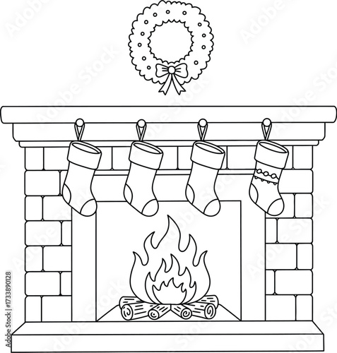 A cozy fireplace with a roaring fire, adorned with four christmas stockings and a festive wreath above