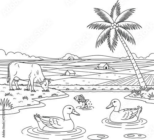 Rural landscape with a cow grazing, ducks swimming in a pond, and a palm tree, Colorful vector illustration, coloring book for kids.