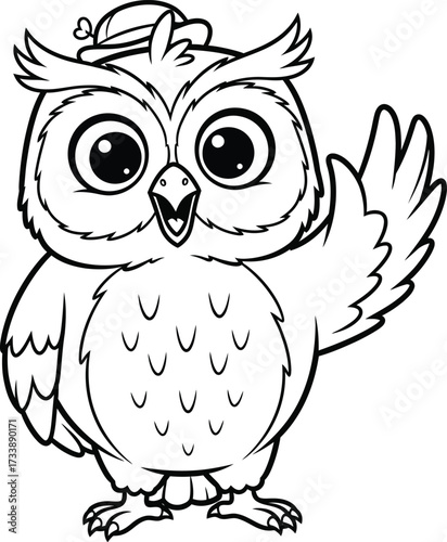 Adorable cartoon owl wearing a hat, waving hello, , ideal for kids stories and learning