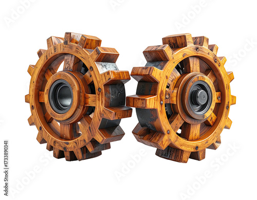 Two intricately crafted wooden gears meshing together against a black backdrop