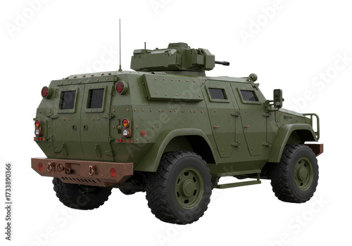 Green armored military vehicle isolated, army transport for defense and security operations on transparent background