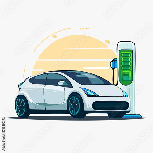 The future of transportation illustrated with a glowing electric vehicle at a charging point, representing sustainable energy and clean e-mobility