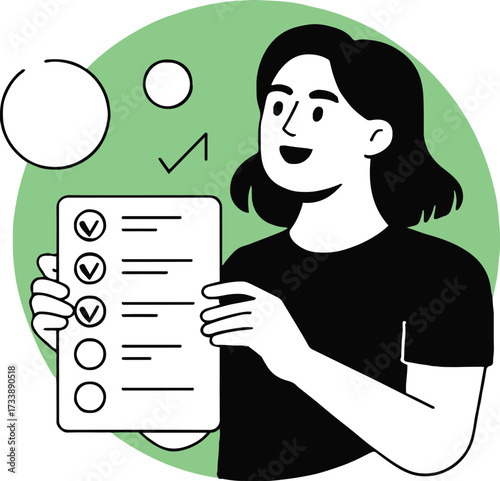 Vector art of happy woman holding a checklist with completed tasks, symbolizing productivity and success simple and modern design