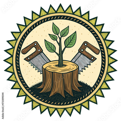 A circular emblem shows a tree sapling growing from a stump, flanked by saws.