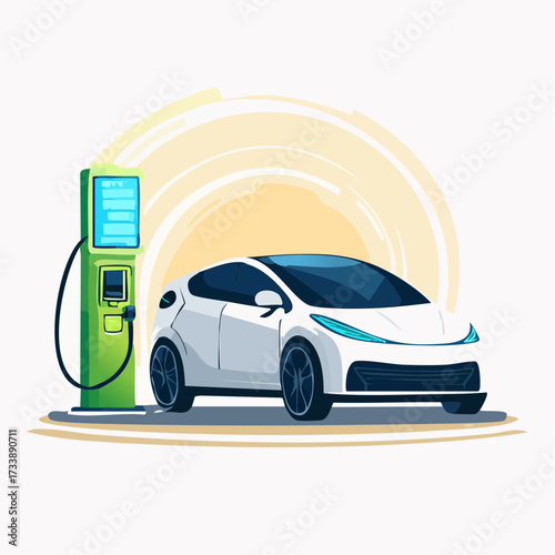 The future of transportation illustrated with a glowing electric vehicle at a charging point, representing sustainable energy and clean e-mobility