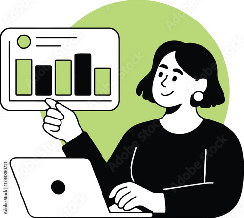Vector art of smiling woman working on a laptop and presenting a bar graph, representing data analysis and business performance