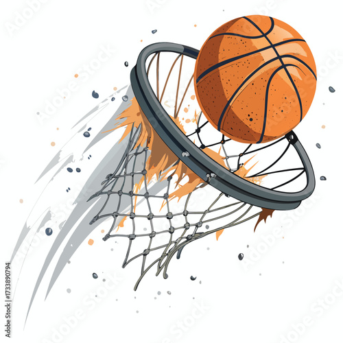 A basketball is sinking through a net with dynamic splash effects.
