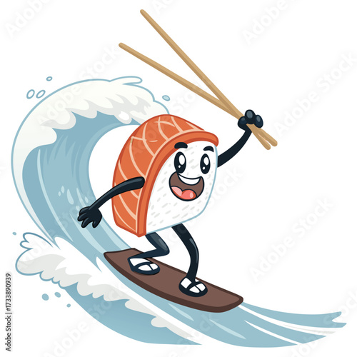 A cartoon sushi character surfing on a wave with chopsticks.