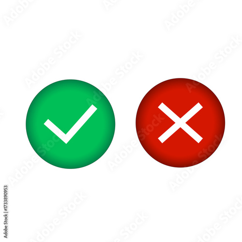 Two circular buttons, one green with a checkmark, the other red with an X symbol, representing choices.