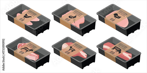 Fresh meat collection. Container with raw chicken breasts fillet, turkey, lamb, goat, beef, pork and lamb meat