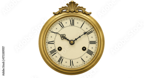 Antique gold clock face isolated on transparent background, vintage time piece with Roman numerals for design and decoration