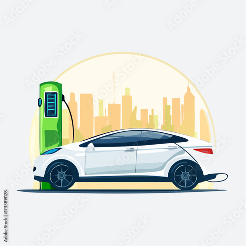 The future of transportation illustrated with a glowing electric vehicle at a charging point, representing sustainable energy and clean e-mobility