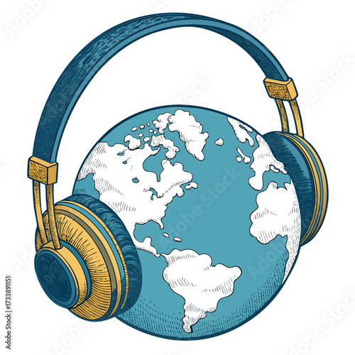 Illustration of the Earth wearing headphones on a white background.