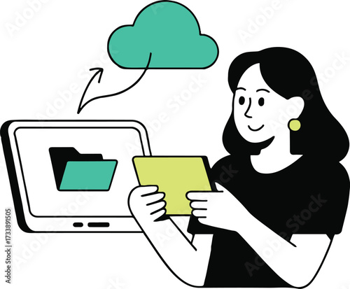 Vector art of a woman is transferring a file from her tablet to a computer, the file is being saved in the cloud vector illustration