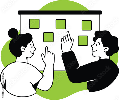 Vector art of two people are pointing at a board with sticky notes, they are planning a project vector illustration of teamwork