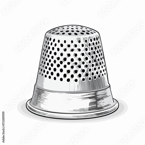 A detailed hand-drawn illustration of a classic metal sewing thimble with a textured surface, used for finger protection during needlework.