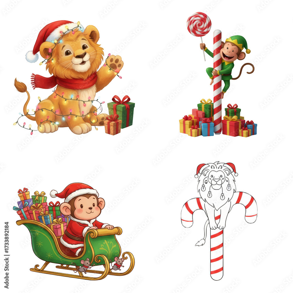 Naklejka premium Cute Christmas Cartoon Animal Characters Set with Festive Decorations and Coloring Page