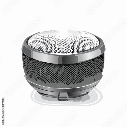 Close-up view of a replacement shaver head, showing the intricate mesh and metallic design.
