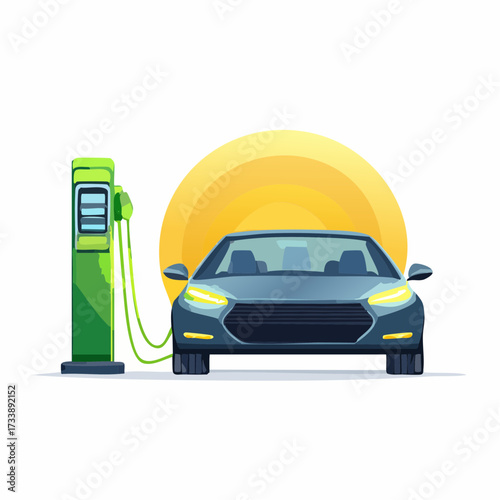 The future of transportation illustrated with a glowing electric vehicle at a charging point, representing sustainable energy and clean e-mobility