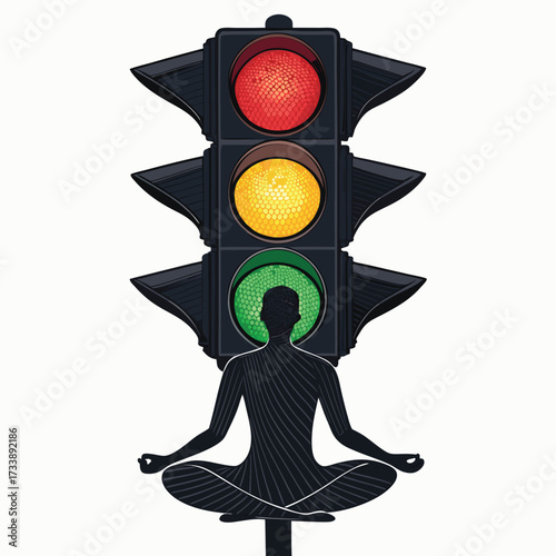 A person in meditation pose under a traffic light with green lit.