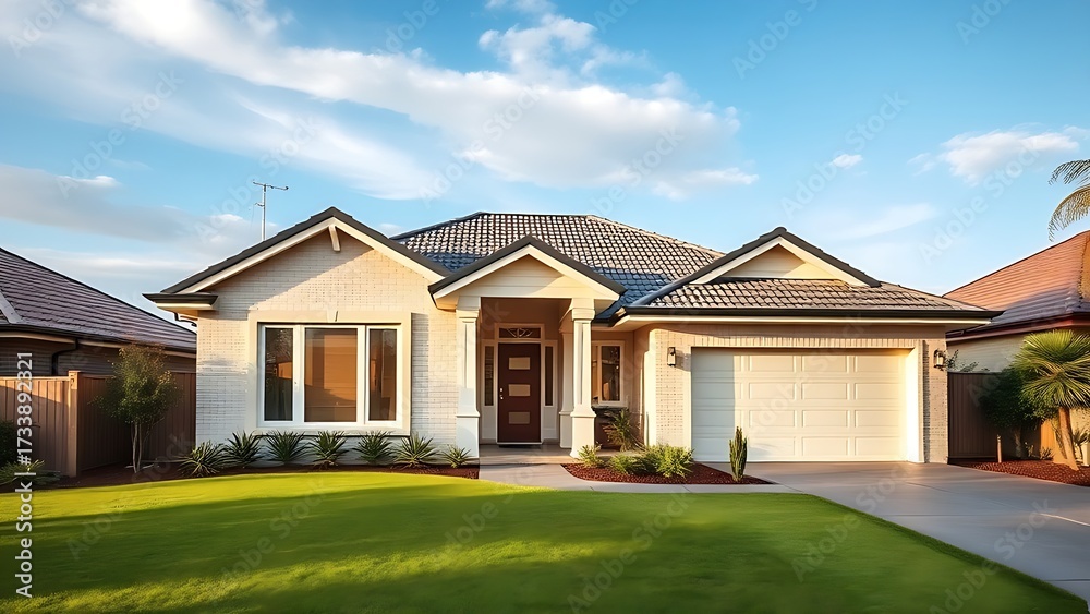 Fototapeta premium Charming Australian-style suburban home with a manicured lawn, bathed in natural daylight under a soft cloudy sky.