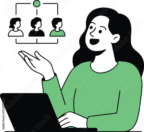 Vector art of a woman presenting a team structure on her laptop, she is wearing a green shirt and has black hair, showcasing leadership