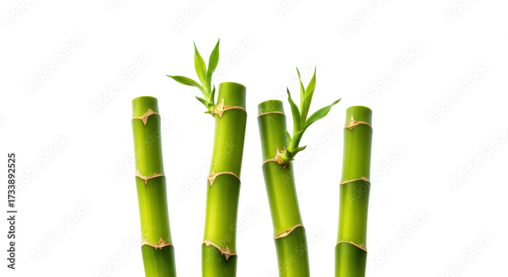 Obraz premium Fresh green bamboo stalks isolated, lucky bamboo stems with leaves on transparent background, feng shui plant for good fortune and prosperity