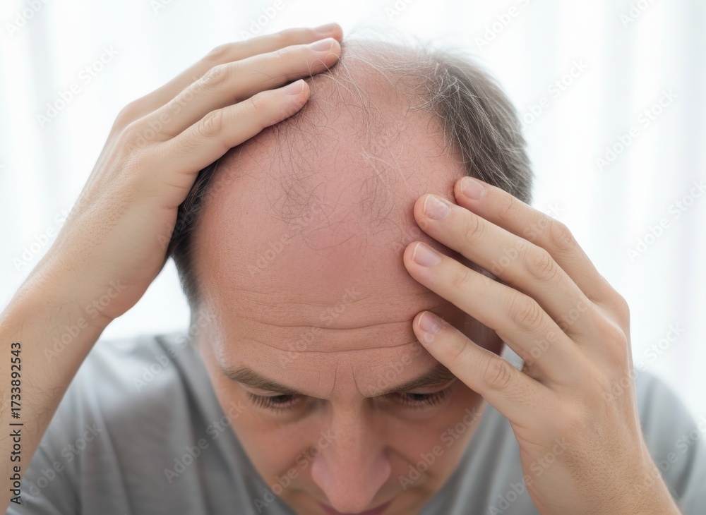 Fototapeta premium Man With Balding Hair Touching Head In Bright Indoor Lighting Portrait