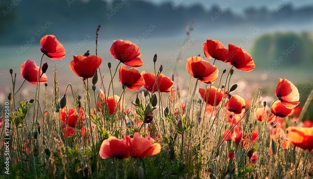 Obraz premium A Vibrant Display Of Red Poppy Flowers Swaying Gently In The Breeze This Nature Inspired Artwork Brings A Sense Of Peace And Beauty Perfect For Gardens And Floral Themes Ai