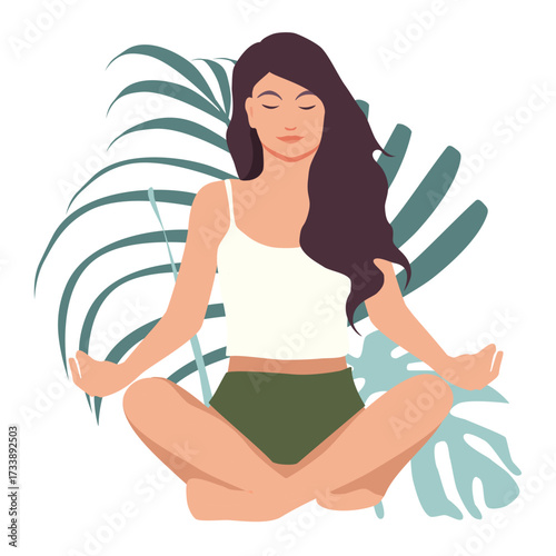 Young woman practices yoga. Woman meditating in nature around leaves. Concept illustration for yoga, meditation, relax, recreation, healthy lifestyle