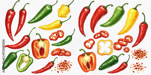 Illustration of various types of chili peppers in different colors and forms, including whole and sliced peppers.
