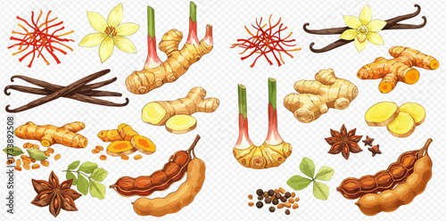 A colorful illustration of various spices and herbs, including ginger, turmeric, vanilla, and star anise.