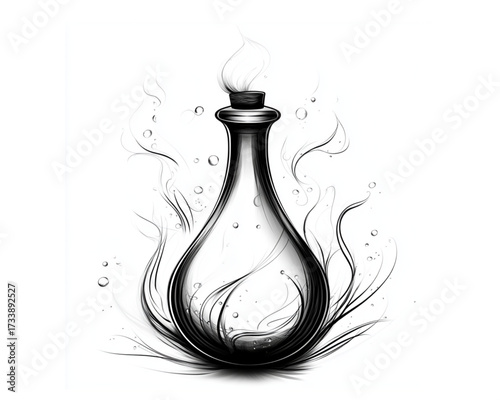 Stylized potion bottle illustration, black and white, depicting magic and ethereal essence with copy space