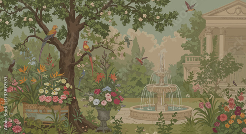Elegant garden scene featuring a fountain, birds, flowers, and classical architecture