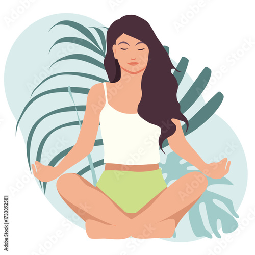 Young woman practices yoga. Woman meditating in nature around leaves. Concept illustration for yoga, meditation, relax, recreation, healthy lifestyle