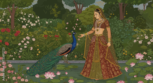 Elegant Indian woman in traditional dress interacts with peacock in lush garden