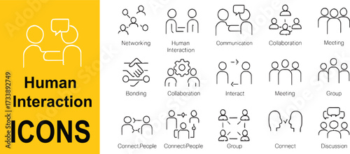 "Human Interaction Line Icons Set – Editable Vector Stroke for Communication, Socializing, Chat, Meetings, Connections & Relationships"