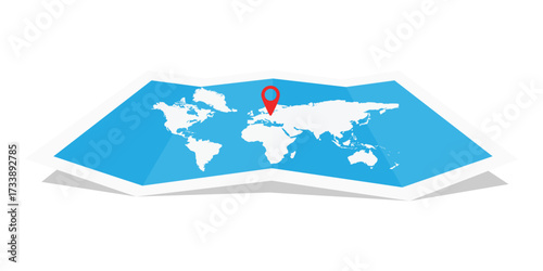 Fototapeta Naklejka Na Ścianę i Meble -  Folded world map with travel pin location
