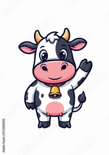 Cute cow illustration with cheerful expression, showcasing adorable farm animal with bell. Cartoon cow in simple design is ideal for children’s learning materials,
