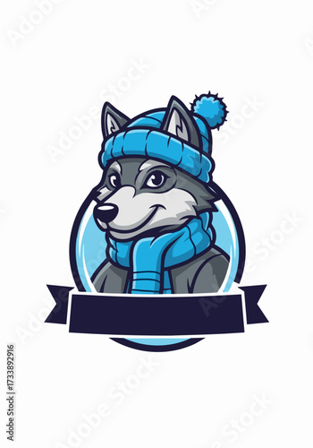 Cartoon wolf in winter clothes wearing blue knit hat and scarf. Smiling wolf in winter clothes looks cheerful and ready for winter. Stylish cartoon wolf in winter clothes for apparel and accessories.