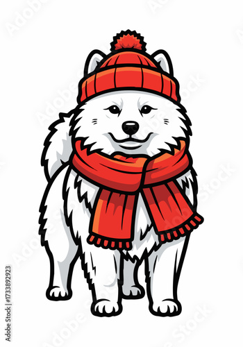 Samoyed in winter clothing with red knitted hat and scarf for cold weather. Winter clothing protects dog from freezing temperatures in frosty conditions, showing winter elegance.