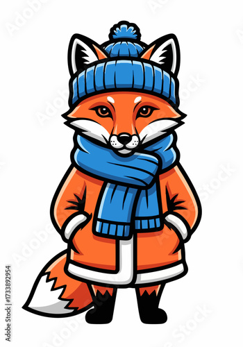 Adorable fox in winter clothes with blue hat and scarf, standing upright. Fox wearing winter clothes to keep warm in cold weather.