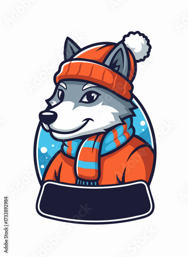 Winter clothes adorned by an adorable cartoon wolf, complete with a hat and scarf, presenting a charming, stylized look. Cartoon wolf in winter clothes is ready for chilly weather.