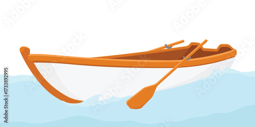 Wooden paddle boat with oars. Cartoon boat. Boat floating on water with waves